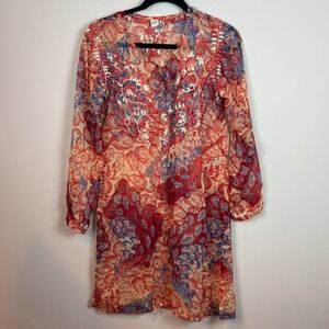 Raj Pink Embroidered 100% Silk Lightweight Sheer Boho Tunic Top Womens SM Hippie